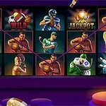 Spilleautomat med sportsikoner, inkludert fotball, basketball, og en jackpot-symbol i en fargerik innstilling