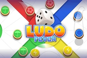 Fargerik terning med fargerike brikker plassert på et kryssformet brett med teksten Ludo Fever i midten
