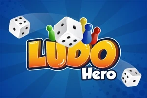Fargerike spillbrikker og terninger med teksten Ludo Hero på en blå bakgrunn