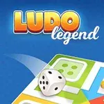 Illustrasjon av et Ludo-brett i sterke farger med terninger og brikker, samt tittelen Ludo Legend i bakgrunnen