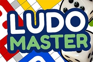 Fargerike brettspillruter med to terninger og teksten Ludo Master i midten
