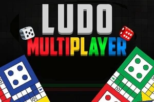 Fargerike terninger og spillbrett mot en svart bakgrunn med teksten LUDO MULTIPLAYER i hvite og flerfargede bokstaver