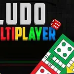 Fargerike terninger og spillbrett mot en svart bakgrunn med teksten LUDO MULTIPLAYER i hvite og flerfargede bokstaver
