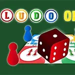 Et bilde av et brettspill med fargerike brikker, en stor rød terning, og teksten Ludo Online i lyse bokstaver