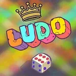 Fargerikt LUDO-skilt med en krone over og en terning under, på en uskarp mosaikkbakgrunn