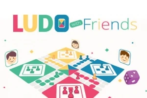 Fargerikt Ludo-brettspill med tegnede figurer og terning