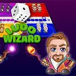 Tegneserieaktige figurer med magiske tryllestaver står foran et brettspill og en terning, med teksten Ludo Wizard i midten
