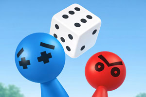 To fargerike, stiliserte figurer i blått og rødt med sinte ansiktsuttrykk under en svevende hvit terning mot blå himmel