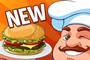 Kokk med hvitt forkle blunker og holder en tallerken med en ny hamburger, satt på en oransje bakgrunn