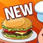 Kokk med hvitt forkle blunker og holder en tallerken med en ny hamburger, satt på en oransje bakgrunn