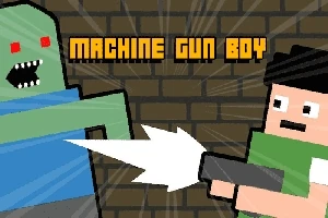 To pikselerte figurer, en grønn zombie og en gutt med en maskinpistol, mot en mursteinsbakgrunn med teksten MACHINE GUN BOY
