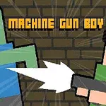To pikselerte figurer, en grønn zombie og en gutt med en maskinpistol, mot en mursteinsbakgrunn med teksten MACHINE GUN BOY