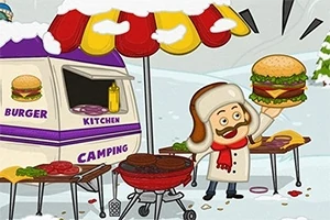 En tegneseriefigur med lue og skjerf holder en stor hamburger foran en campingvogn og en grill i et snødekt landskap