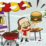 En tegneseriefigur med lue og skjerf holder en stor hamburger foran en campingvogn og en grill i et snødekt landskap