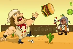 En tegneseriefigur med bart og bandana prøver å fange en flyvende hamburger foran et tog, med en eldre person med stokk i bakgrunnen i en ørkenscene