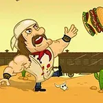 En tegneseriefigur med bart og bandana prøver å fange en flyvende hamburger foran et tog, med en eldre person med stokk i bakgrunnen i en ørkenscene