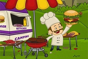 En tegnet kokk med hvit hatt står ved en grill med en stor hamburger i hånden, ved siden av en campingvogn merket Burger Kitchen Camping