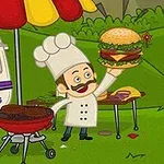 En tegnet kokk med hvit hatt står ved en grill med en stor hamburger i hånden, ved siden av en campingvogn merket Burger Kitchen Camping
