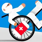 Tegnet figur i gips og bandasjer, sittende i rullestol med en førstehjelpskoffert, på blå bakgrunn