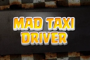 Teksten Mad Taxi Driver i gule bokstaver med hvit kant på en mørk bakgrunn med rutete mønster