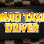 Teksten Mad Taxi Driver i gule bokstaver med hvit kant på en mørk bakgrunn med rutete mønster