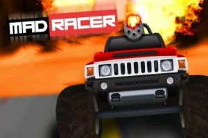 Rød terrengbil med store dekk og våpen på taket foran en eksplosjon med teksten Mad Racer