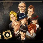 Tegning av åtte karakterer med alvorlige uttrykk, noen iført hatter, med teksten Mafia Poker og et spadesymbol nederst til venstre