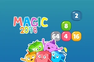 Fargerike tallblokker med glade figurer og teksten Magic 2048 på en blå bakgrunn