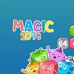 Fargerike tallblokker med glade figurer og teksten Magic 2048 på en blå bakgrunn