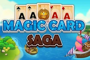 Fire spillkort med ess og symboler vises over teksten Magic Card Saga foran en fargerik sjørøverskute på havet