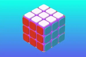 En fargerik rubiks kube med røde, blå og hvite sider mot en gradient bakgrunn i turkis og blå