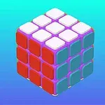En fargerik rubiks kube med røde, blå og hvite sider mot en gradient bakgrunn i turkis og blå