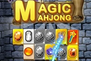 Fargede blokker med edelstener og en magisk tryllestav over en steinbakgrunn med teksten Magic Mahjong i gullbokstaver