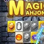 Fargede blokker med edelstener og en magisk tryllestav over en steinbakgrunn med teksten Magic Mahjong i gullbokstaver