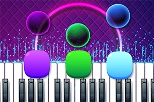 Et fargerikt piano med neonbelyste noter som svever over tangentene