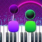 Et fargerikt piano med neonbelyste noter som svever over tangentene