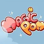 Illustrasjon av fargerik Magic Pom-tekst med smilefjes, på lys blå bakgrunn med stjerner og små tegneserieansikter