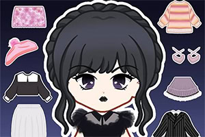 En anime-inspirert figur med svart hår og forskjellige klær og tilbehør rundt seg på en blå bakgrunn