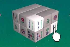 En terningblok med mahjong-brikker og en grafisk hånd som peker på en av brikkene, mot en grønn bakgrunn