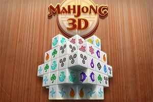 En 3D-struktur av mahjong-brikker med ulike symboler mot en treteksturert bakgrunn, med teksten Mahjong 3D på toppen