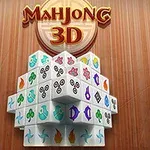 En 3D-struktur av mahjong-brikker med ulike symboler mot en treteksturert bakgrunn, med teksten Mahjong 3D på toppen