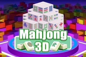 3D-pyramide av mahjong-brikker på en fargerik bakgrunn med teksten Mahjong 3D