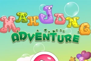 Fargerik tekst med ordene Mahjong Adventure mot en lys blå bakgrunn med bobler