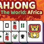 Fargerike Mahjong-brikker med tegninger av en ape og en løve på en bakgrunn med teksten Mahjong Around The World: Africa
