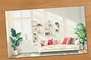 Lyst rom med en sofa, fargerike puter, planter, og hyller ved et stort vindu