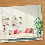 Lyst rom med en sofa, fargerike puter, planter, og hyller ved et stort vindu