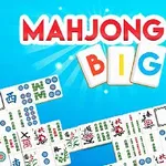Mahjong-brikker spredt på en blå bakgrunn med teksten MAHJONG BIG i lyse farger