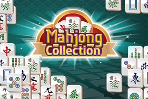 Mahjong-brikker med kinesiske tegn rundt en fargerik «Mahjong Collection»-logo på grønn bakgrunn