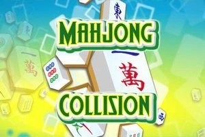En bunke med mahjong-brikker som viser teksten Mahjong Collision på en fargerik bakgrunn