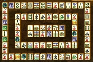 Et rektangulært oppsett av mahjong-brikker i ulike farger og symboler på en brun bakgrunn
